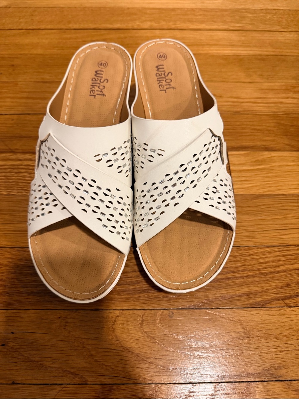 SoftWalk White Perforated Crisscross Slide Mules